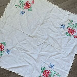 Hand Embroidered Square Tablecloth Vtg Blue Crochet Trim 31.5x29.5”